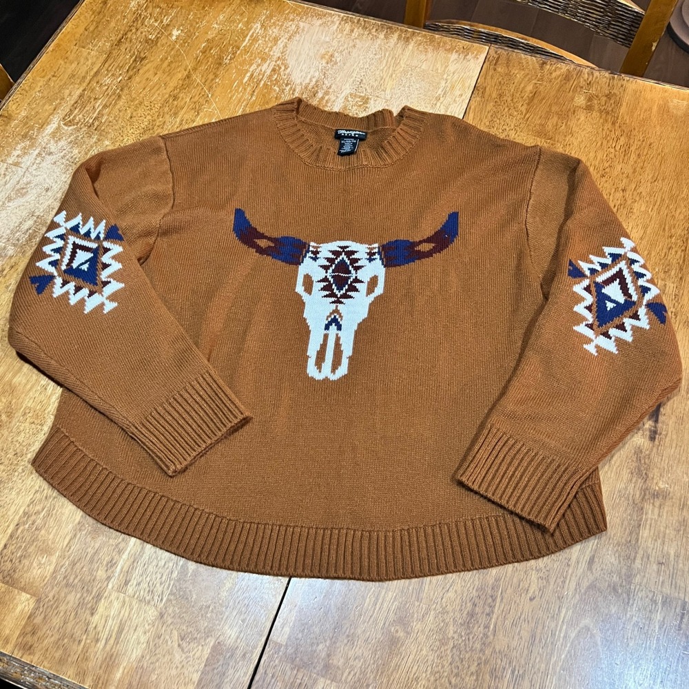 Wrangler Retro Women's XL Longhorn Brown Western Knit Crew Neck Sweater Oversize